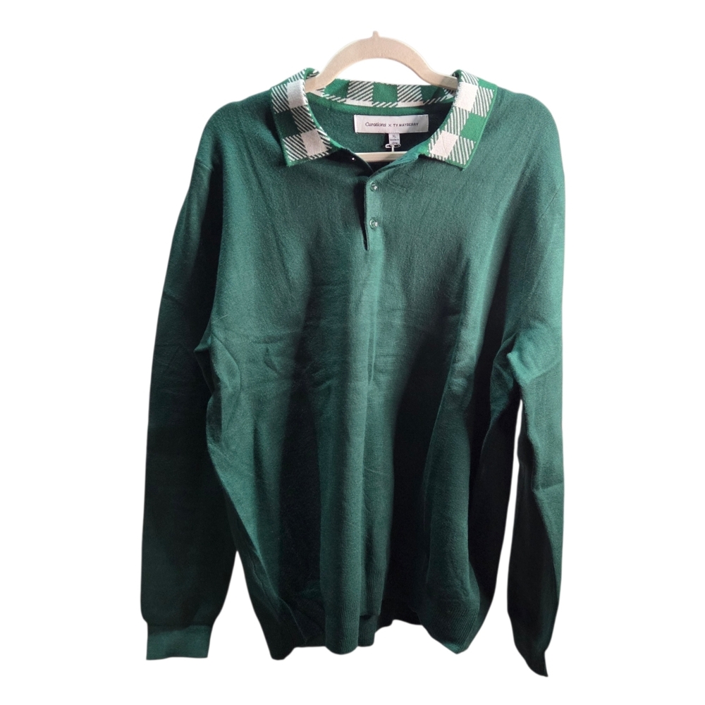 Curations x Ty Mayberry Unisex Pullover Sweater Size XL Green Argyle Collar